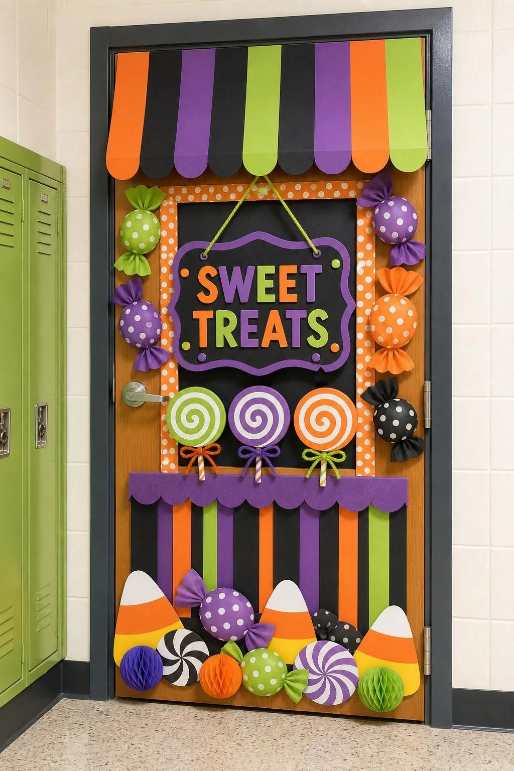 Retro Candy Store Front: Halloween classroom door decoration