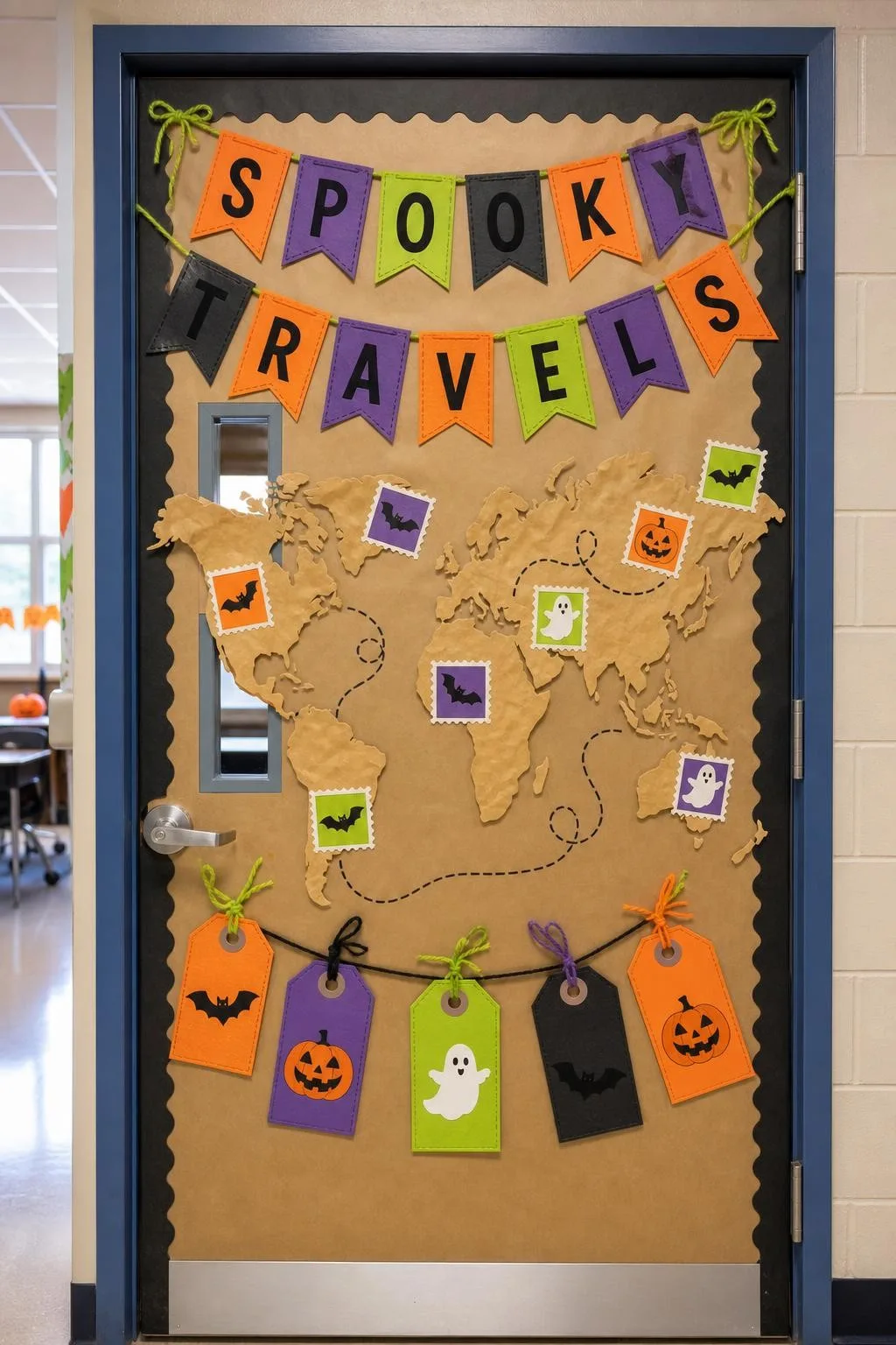 Vintage Travel Halloween Passport Door: Halloween classroom door decoration