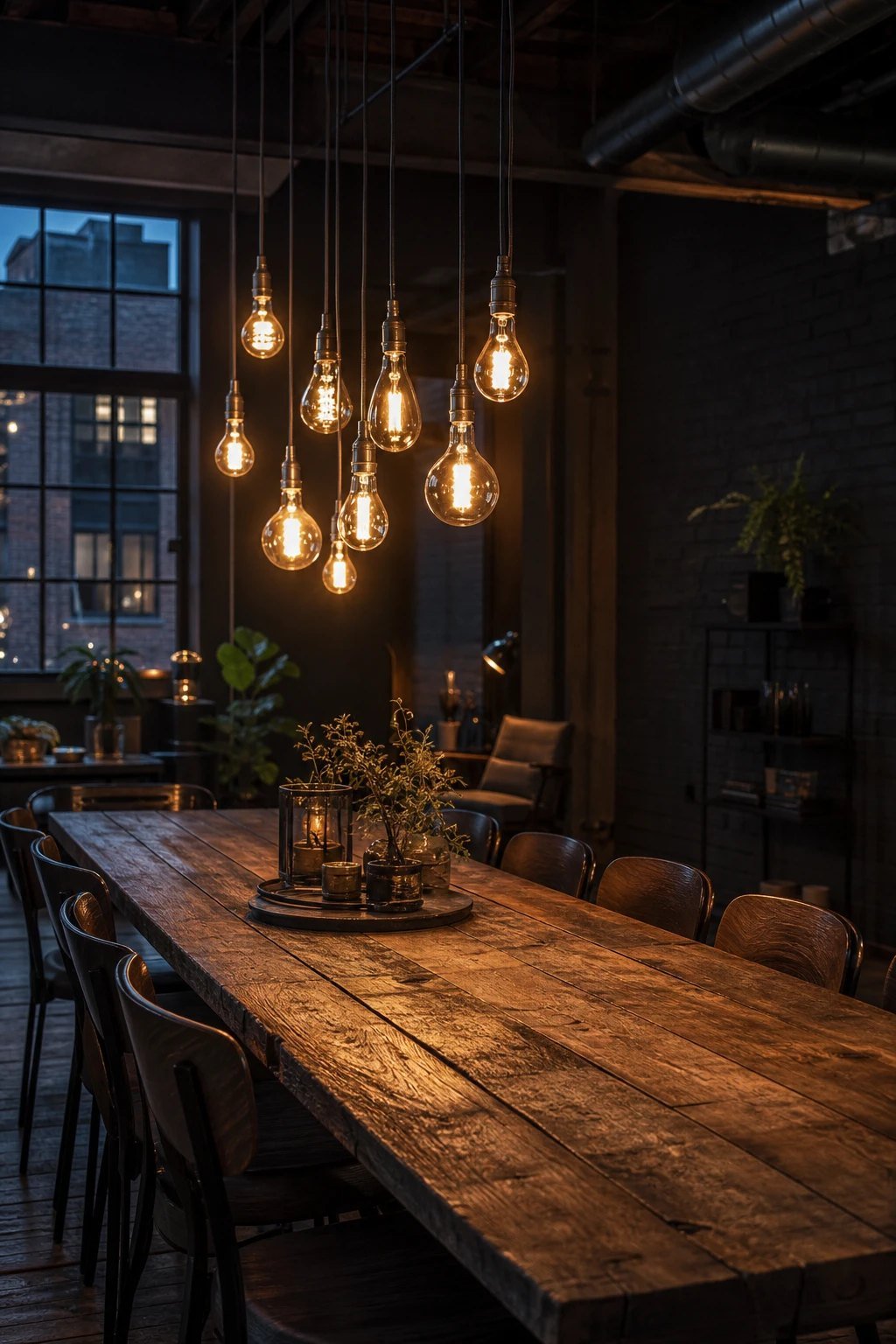 Warehouse dining with moody light