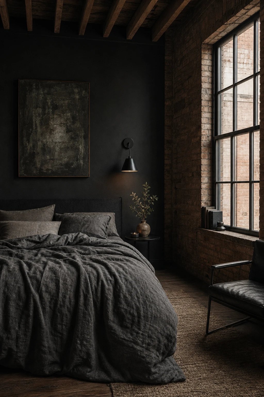 A moody loft bedroom