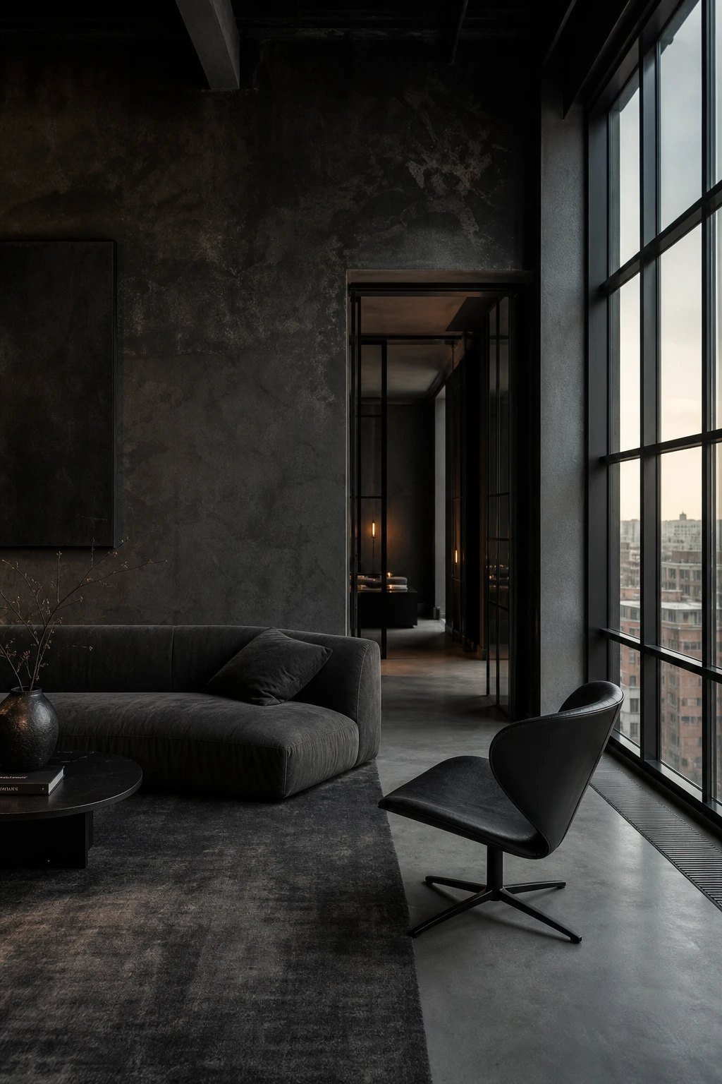 Sleek black minimalist loft