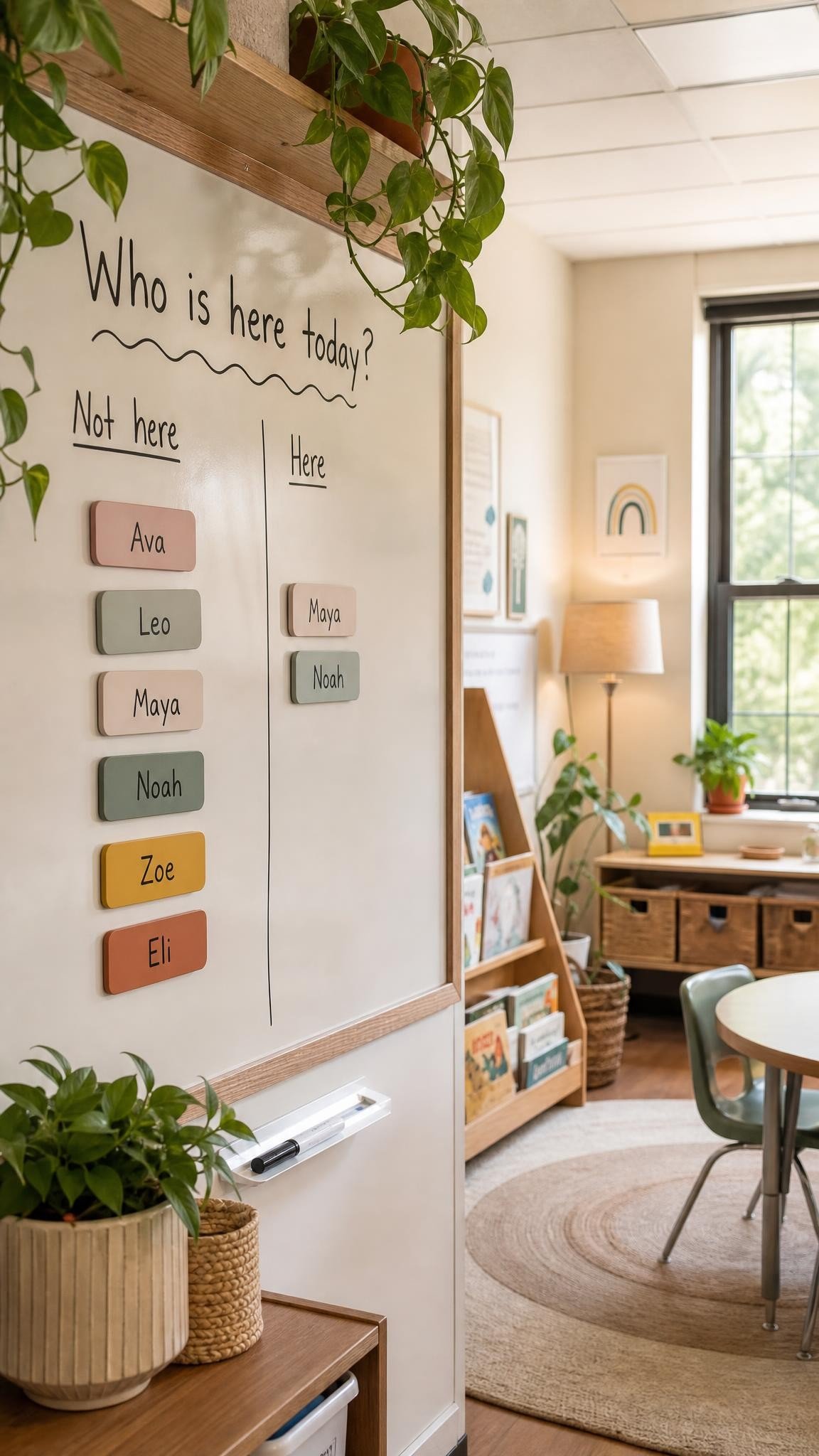 Pastel magnetic dry erase name tags lined up on a classroom whiteboard