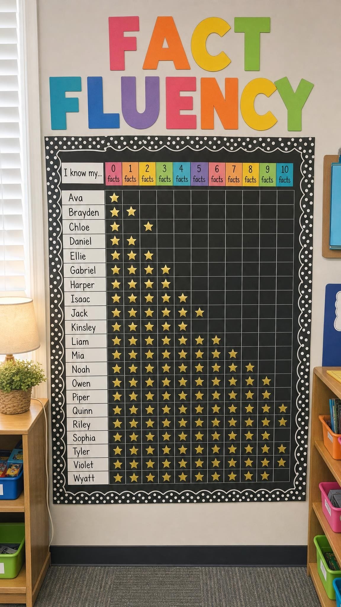 Math fact fluency tracker chart with gold star stickers