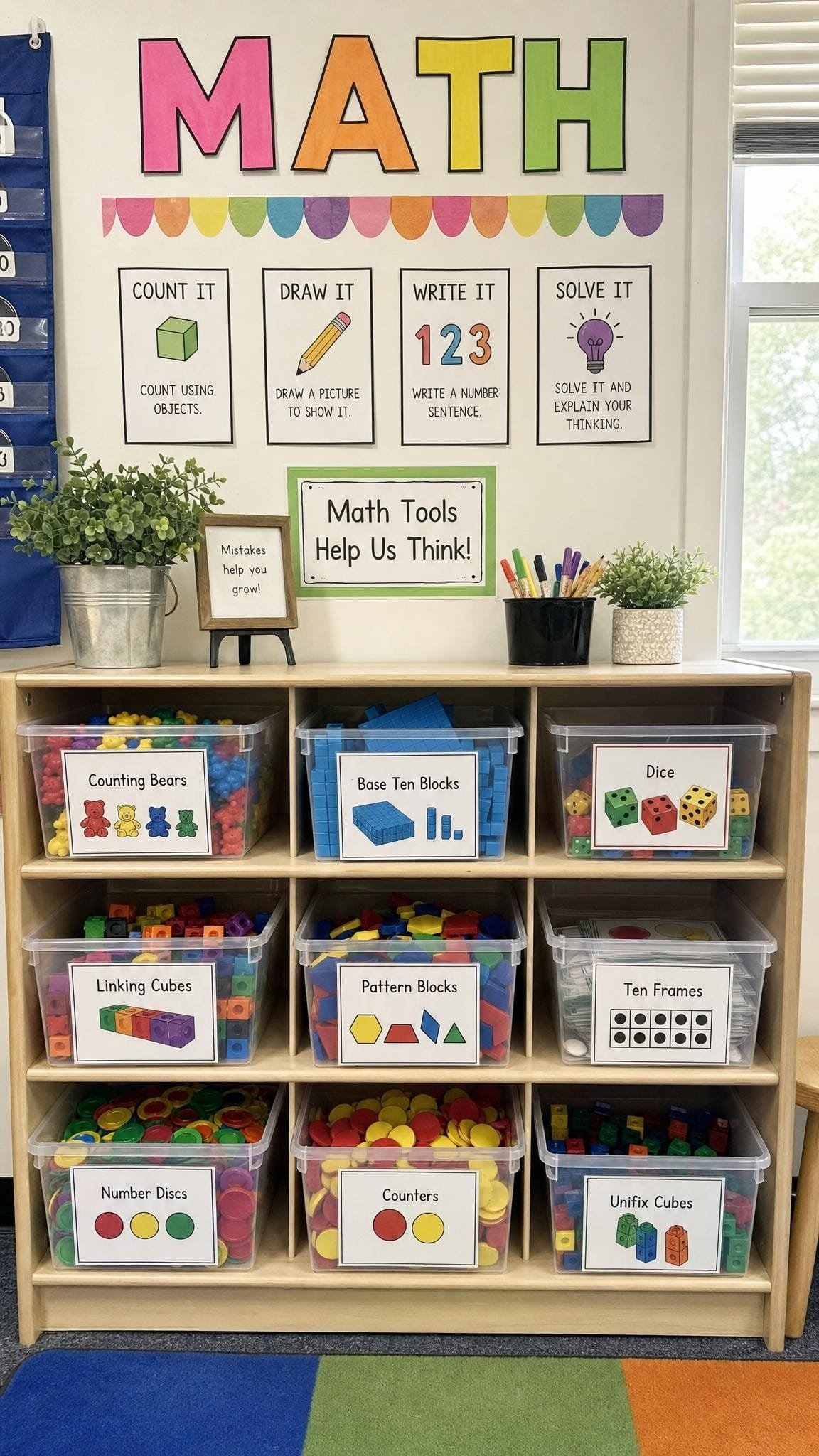 Clear labelled bins of math manipulatives on low shelves