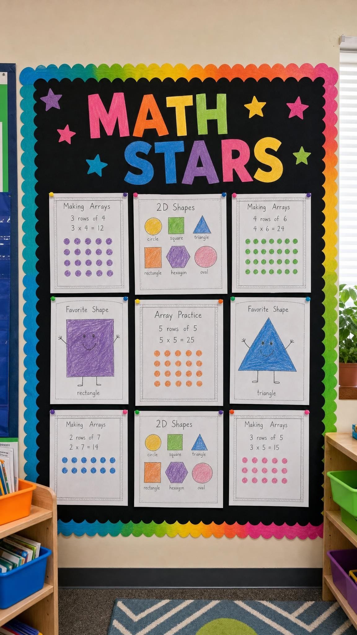 Math Stars display of student worksheets and drawings