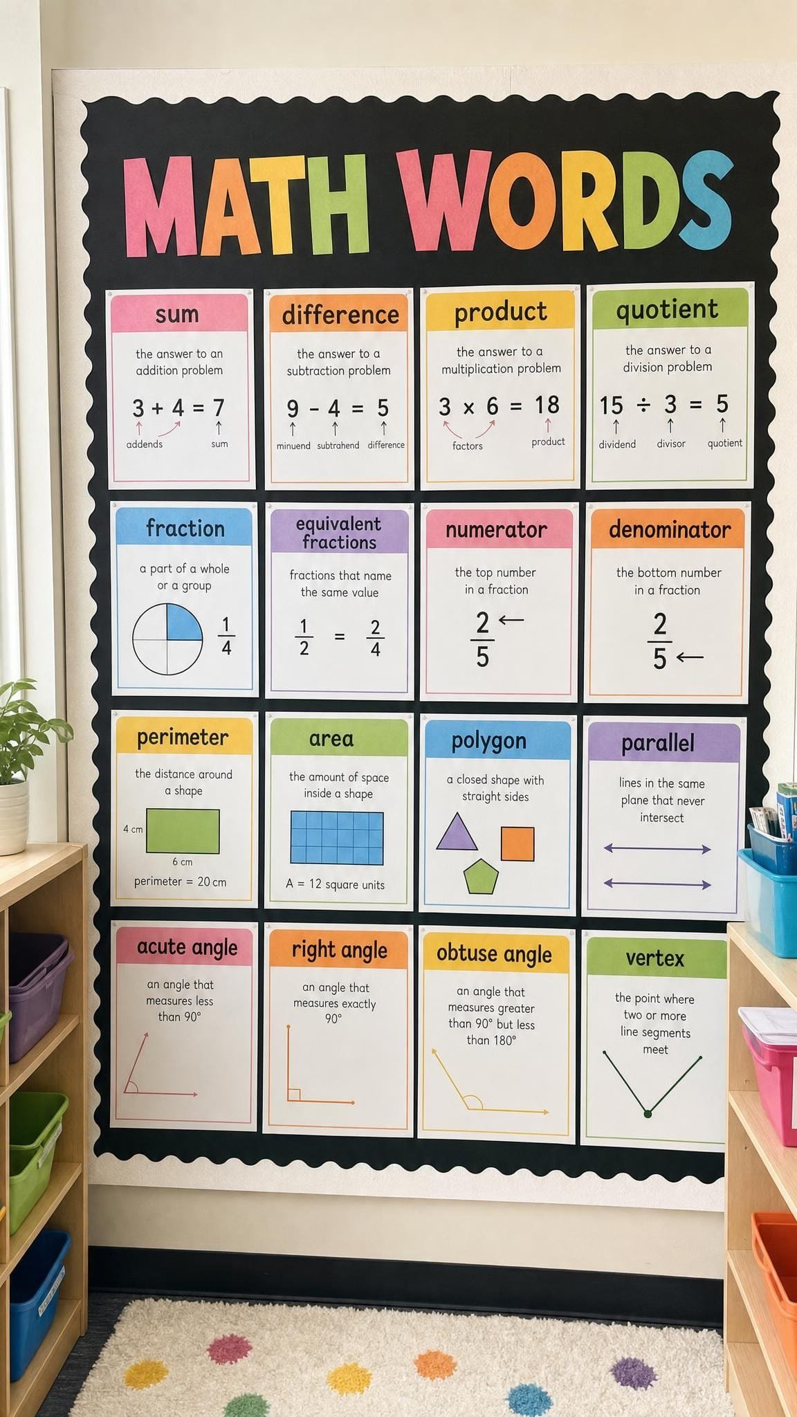 Math word wall with picture vocabulary cards