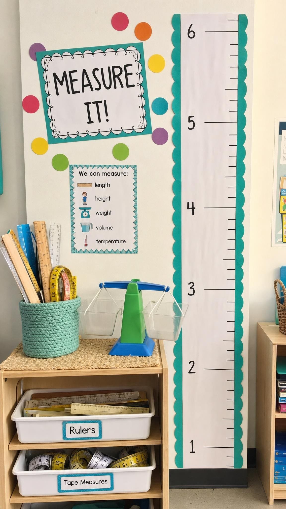 Measurement station with a height chart, rulers and a balance scale