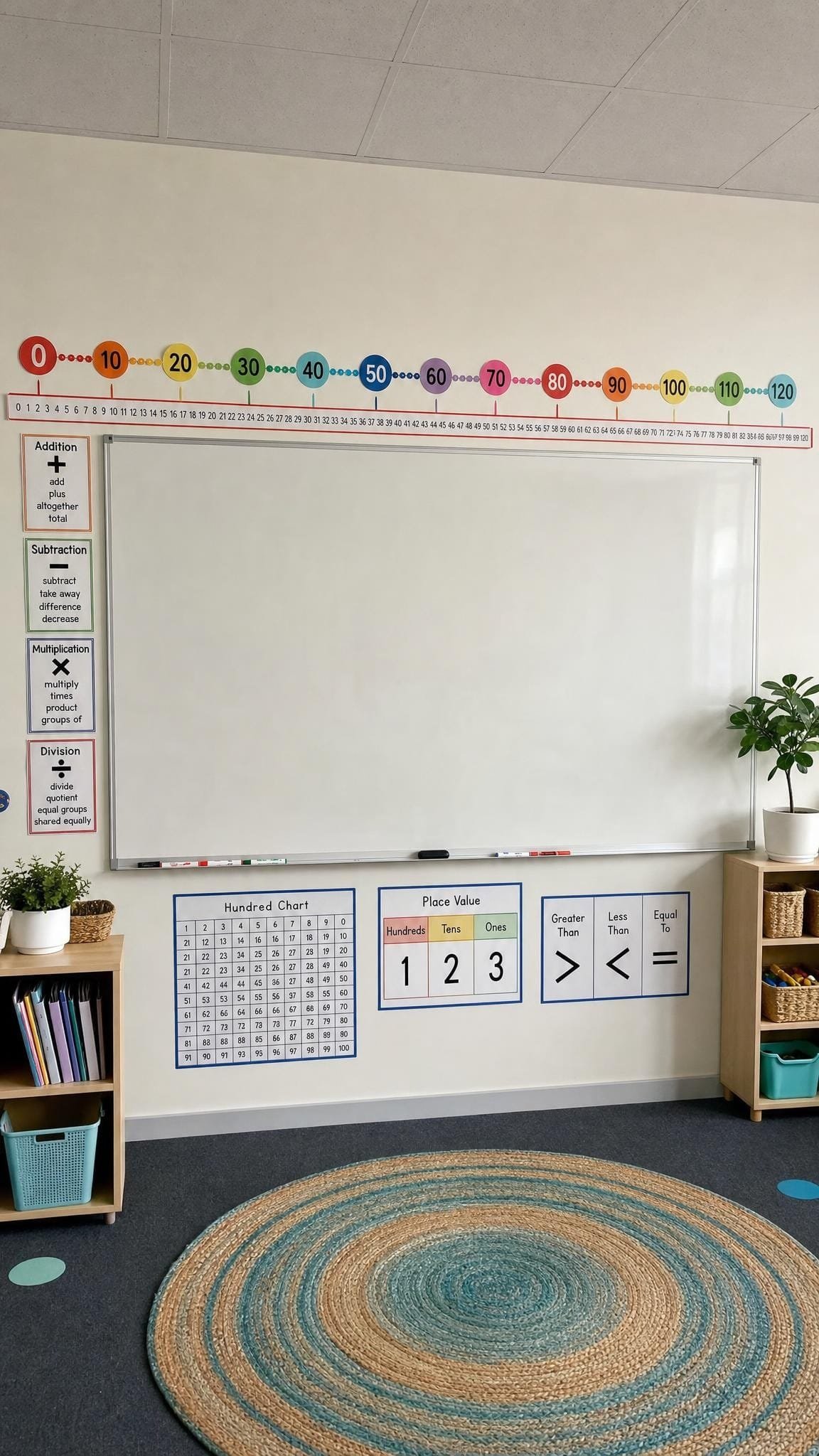Colorful number line running above a classroom whiteboard