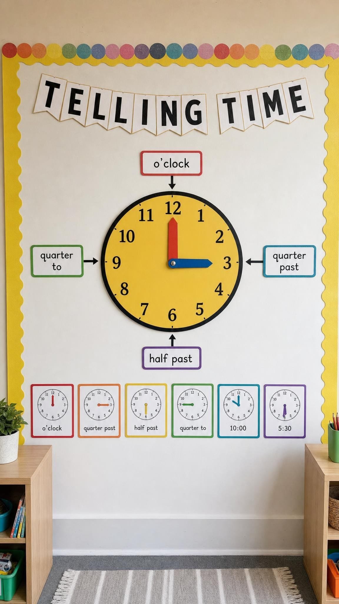 Telling time display with a large teaching clock and labels