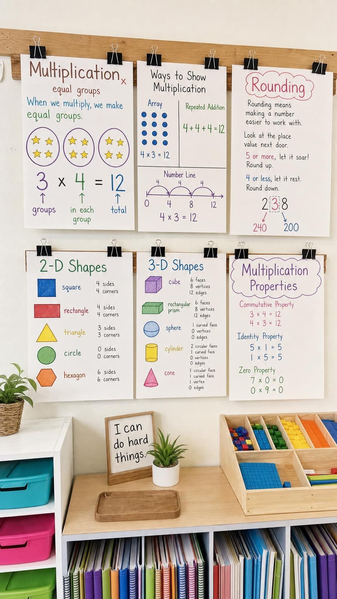 Math anchor charts clipped to a hanging rail