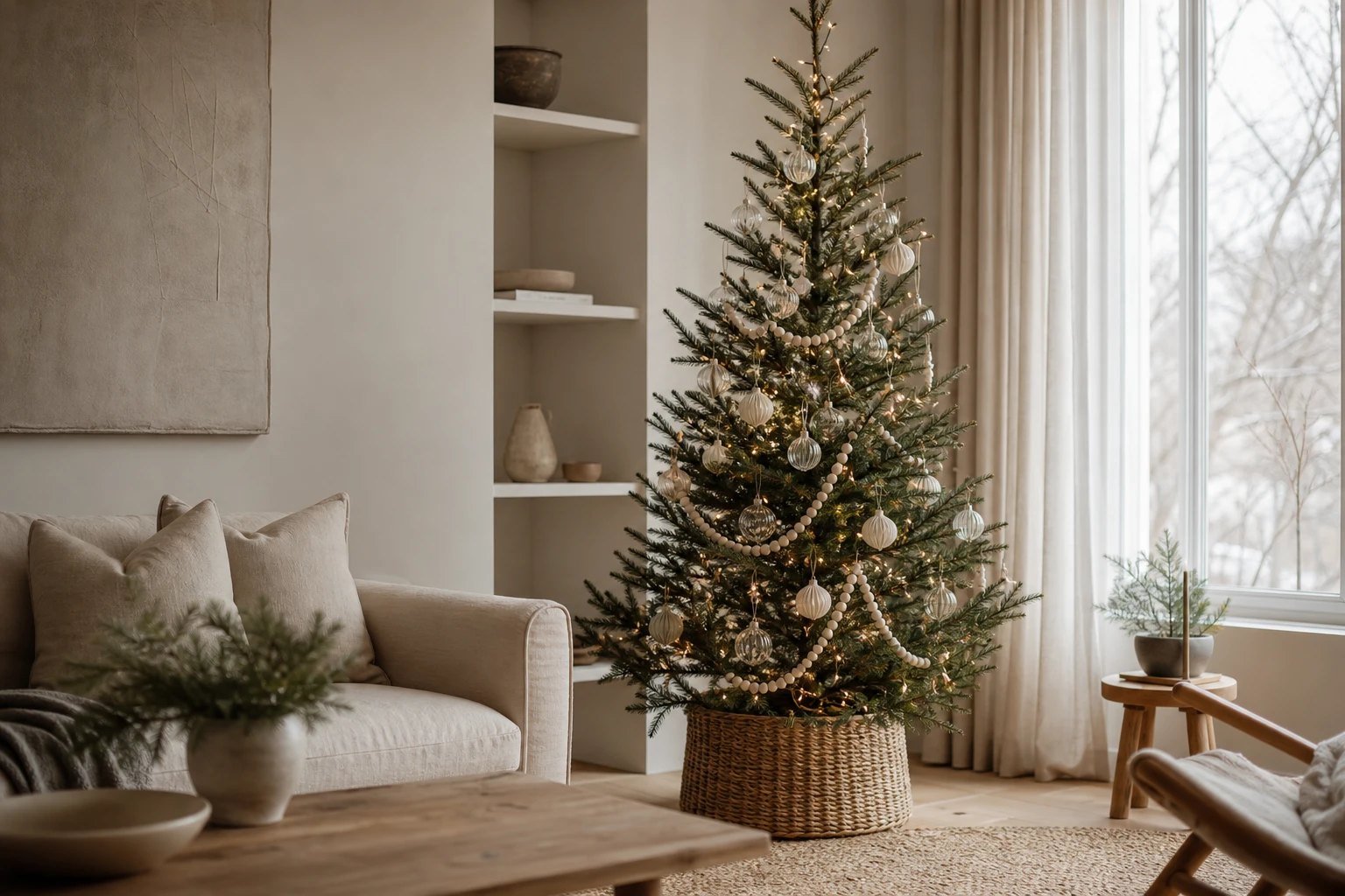 Minimalist Christmas tree with warm lights, wood beads and clear glass ornaments