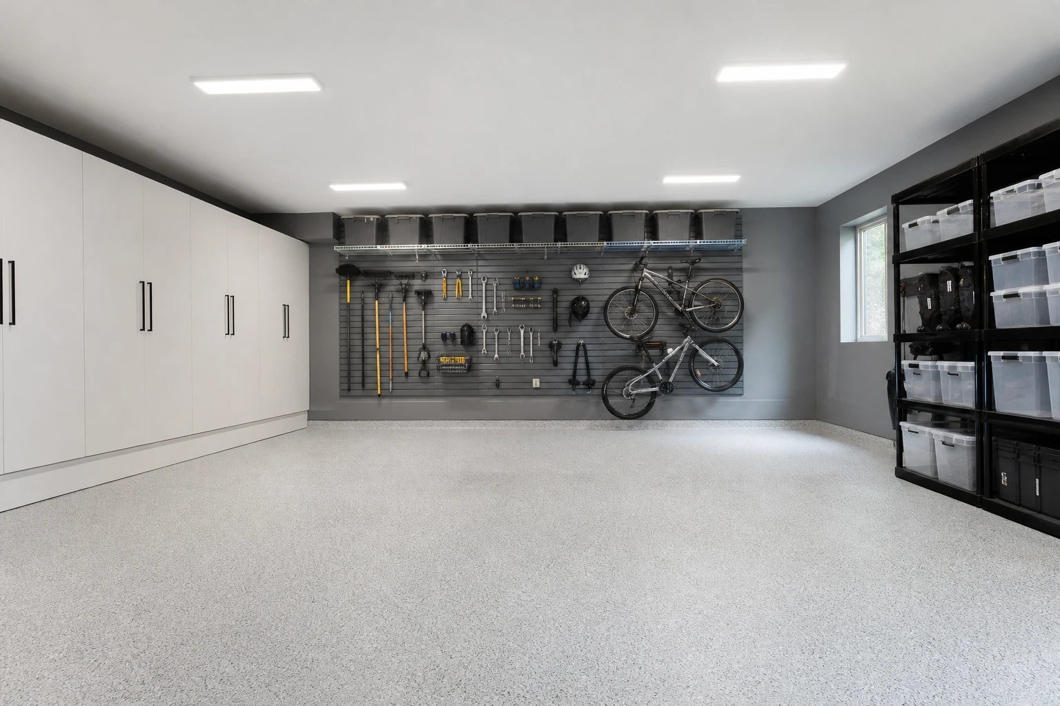 Minimalist organized garage with white cabinets, wall tracks and clear bins
