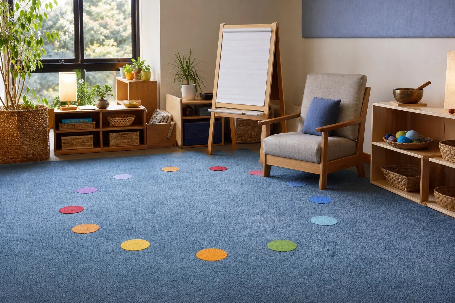 An empty classroom meeting rug set up in a circle with carpet spots and an easel