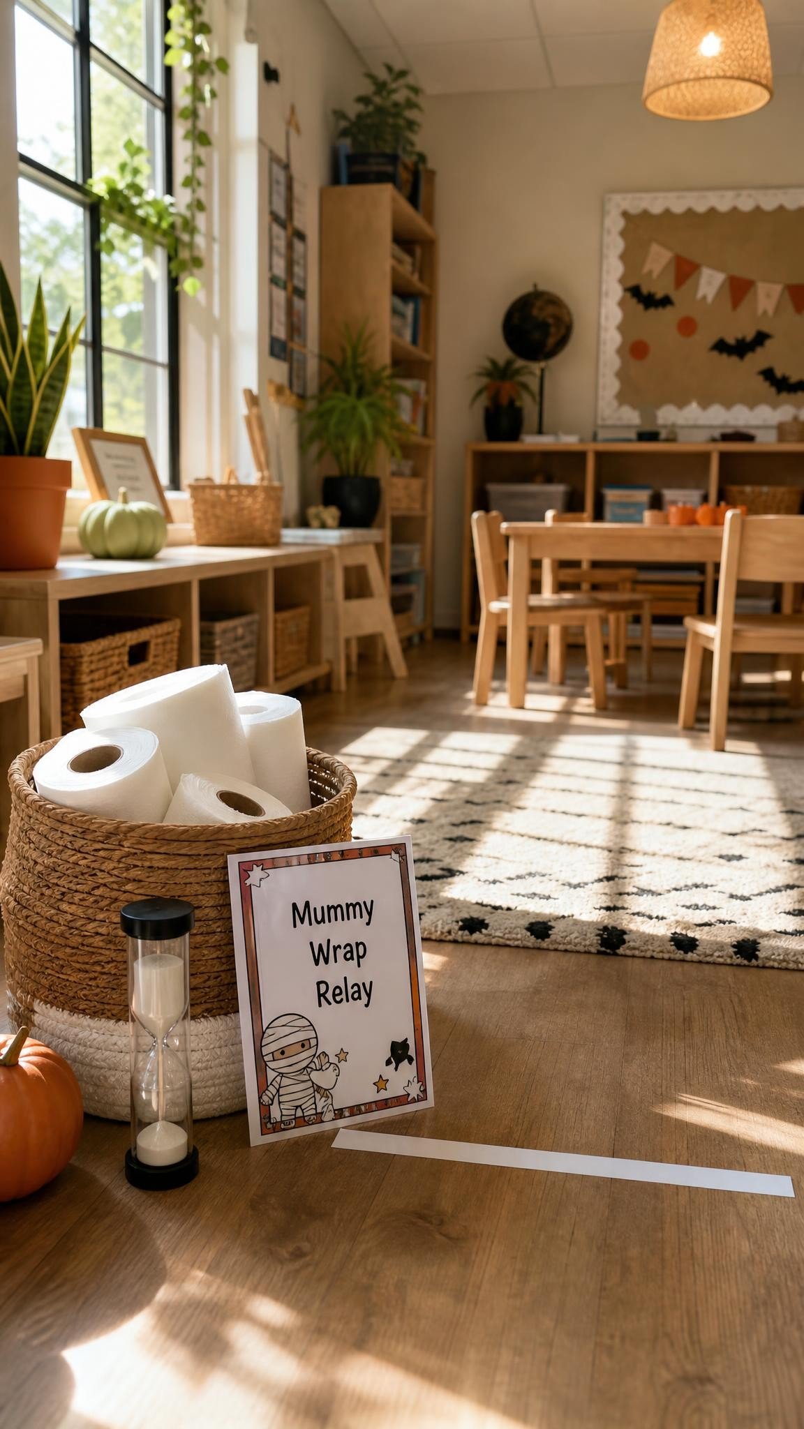 Mummy wrap relay station with rolls of white crepe paper and a start line