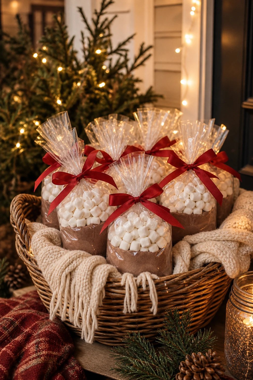 Small cellophane bags of hot cocoa packets and mini marshmallows tied with red ribbon in a basket