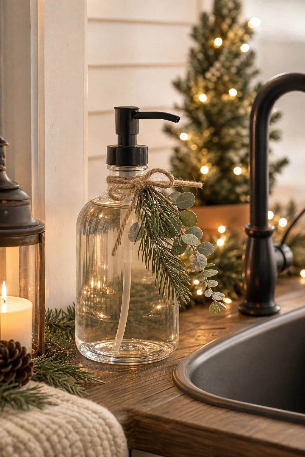 A clear pump bottle of hand soap tied with a sprig of faux greenery beside a kitchen sink