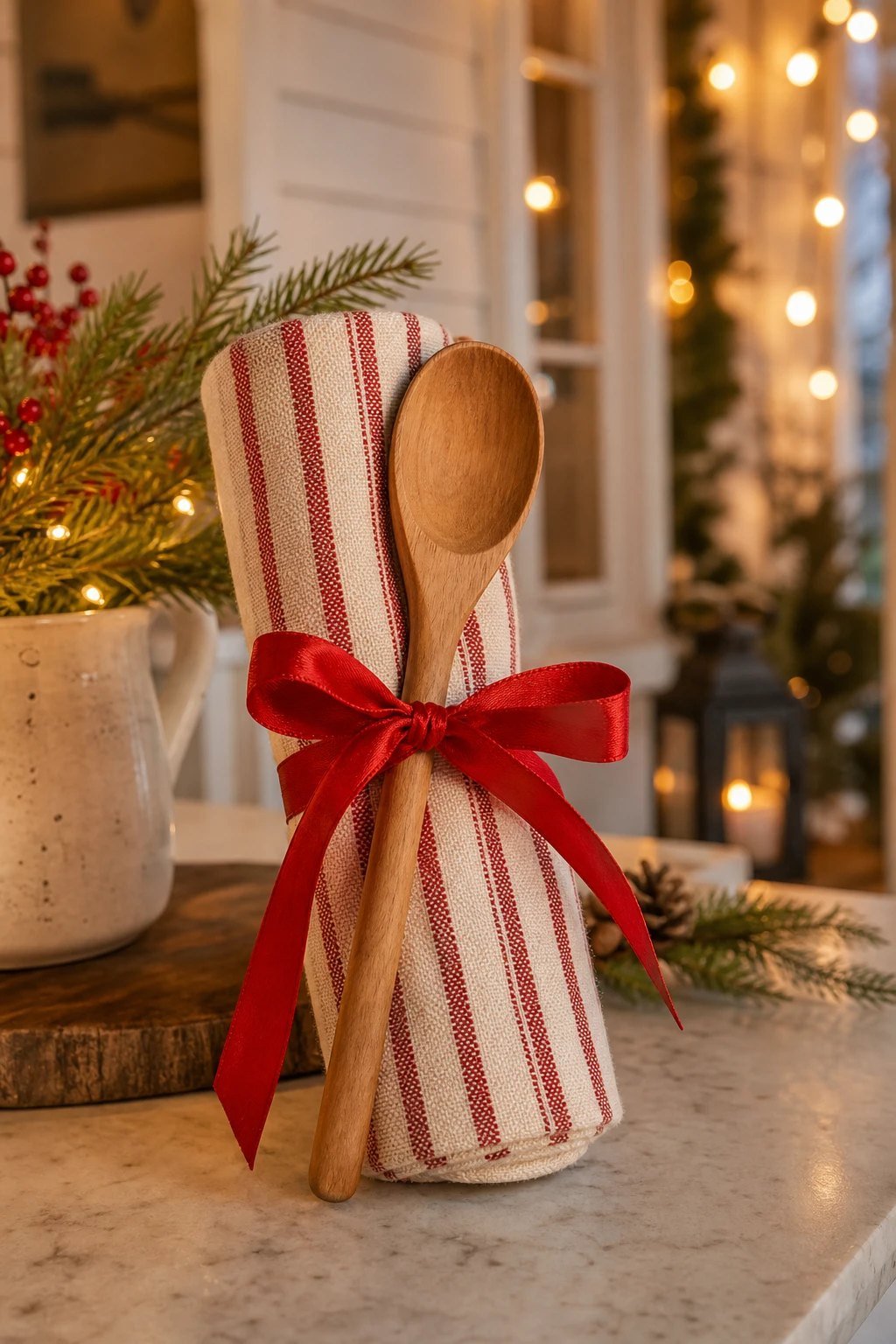 A rolled striped cotton kitchen towel tied with red ribbon around a wooden spoon on a counter