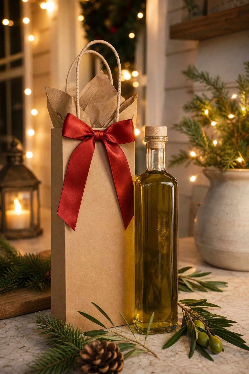 A glass bottle of olive oil in a kraft gift bag with a red ribbon on a kitchen counter