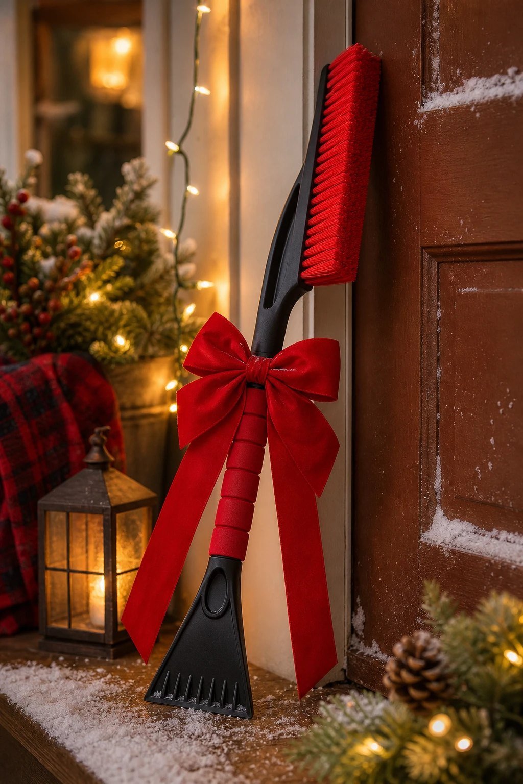 A red snow brush and ice scraper with a big red bow leaning against a snowy front door