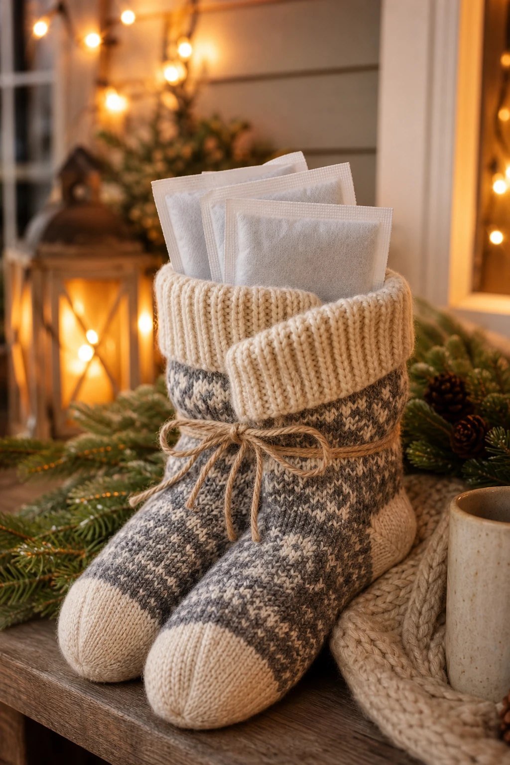 A few pairs of hand warmer packets tucked into a pair of cozy knit socks tied with twine