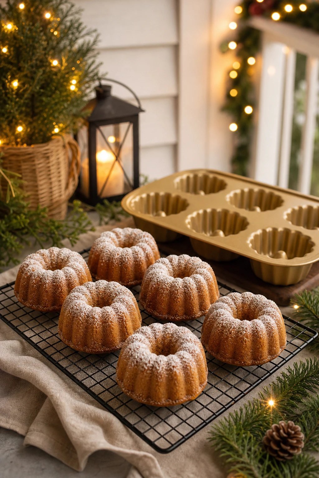Six mini bundt cakes dusted with powdered sugar on a cooling rack beside a gold mini bundt pan