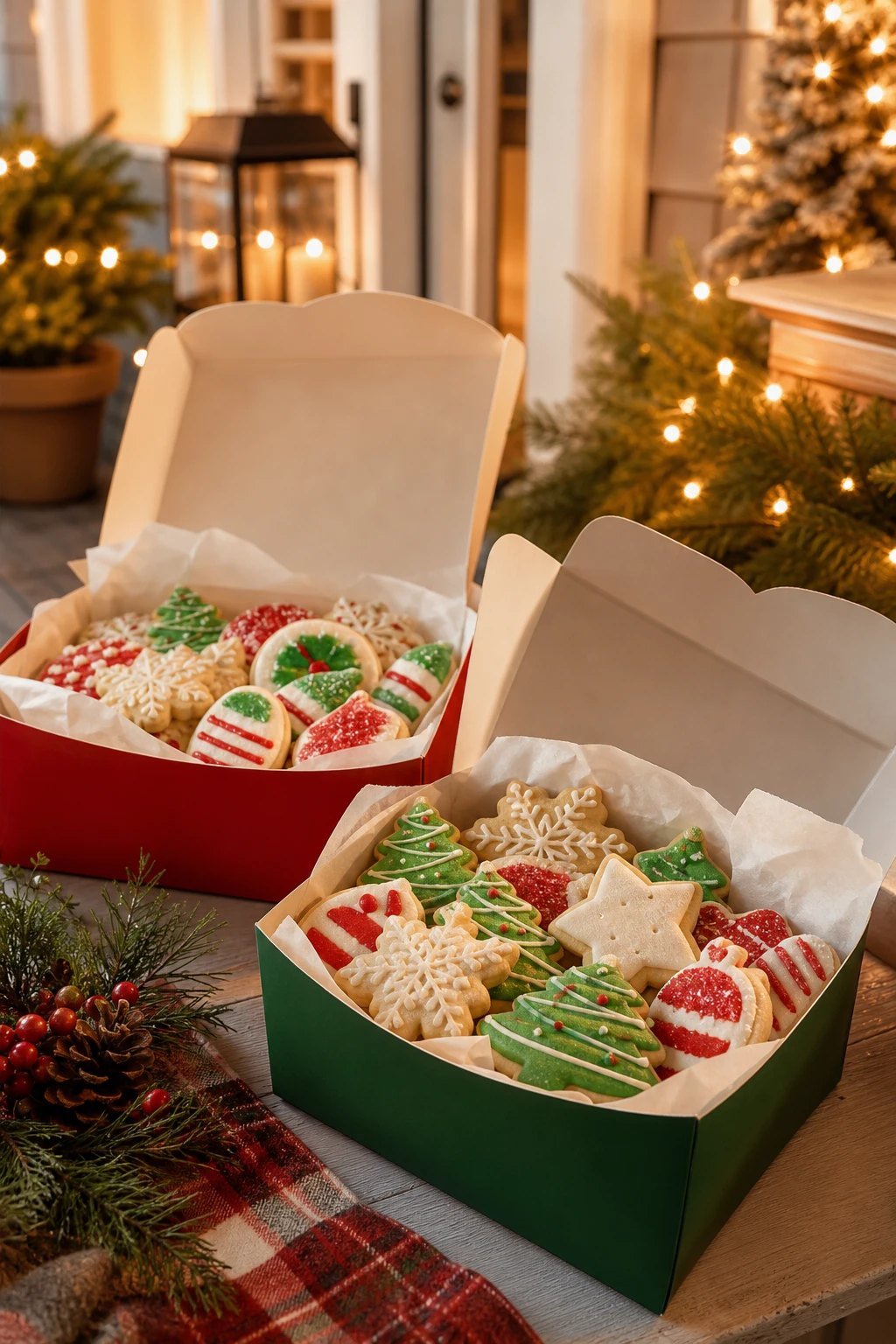 Open red and green Christmas cookie boxes filled with decorated sugar cookies and parchment