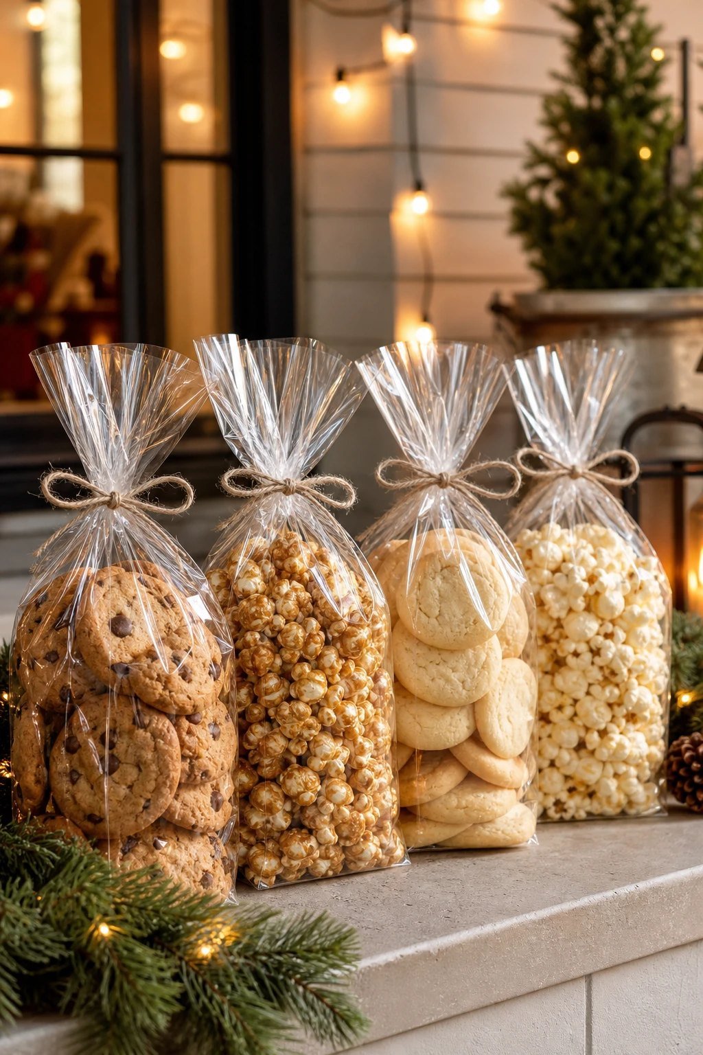 Clear cellophane treat bags filled with cookies and popcorn