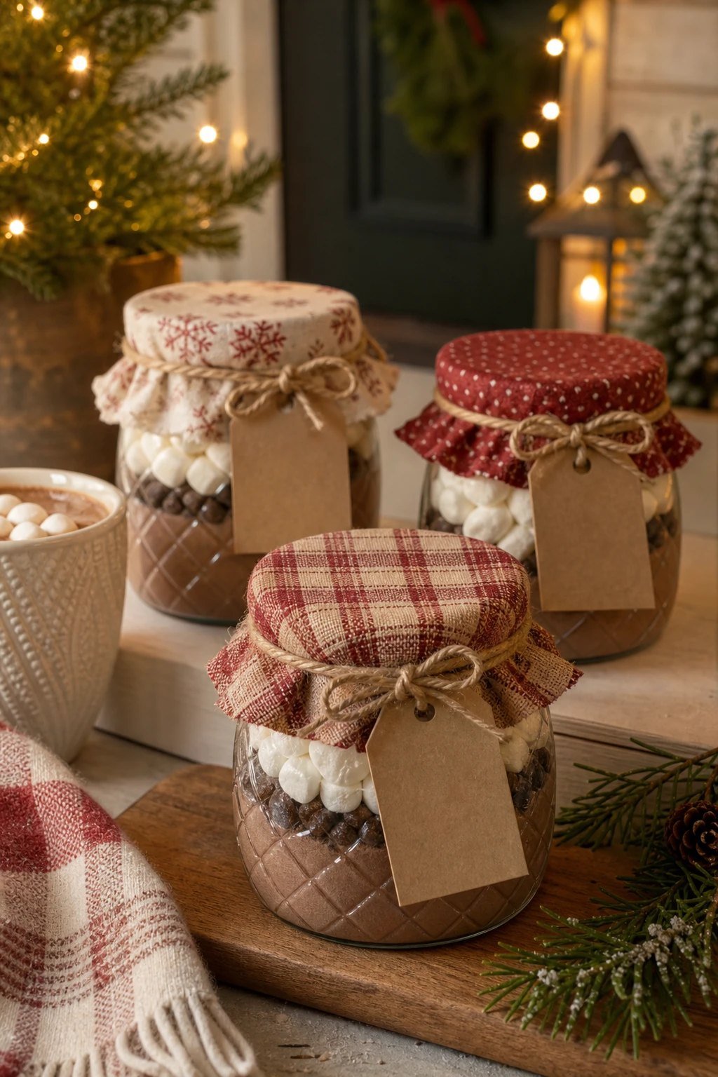 Small quilted glass jars layered with hot cocoa mix and marshmallows with fabric lids and tags