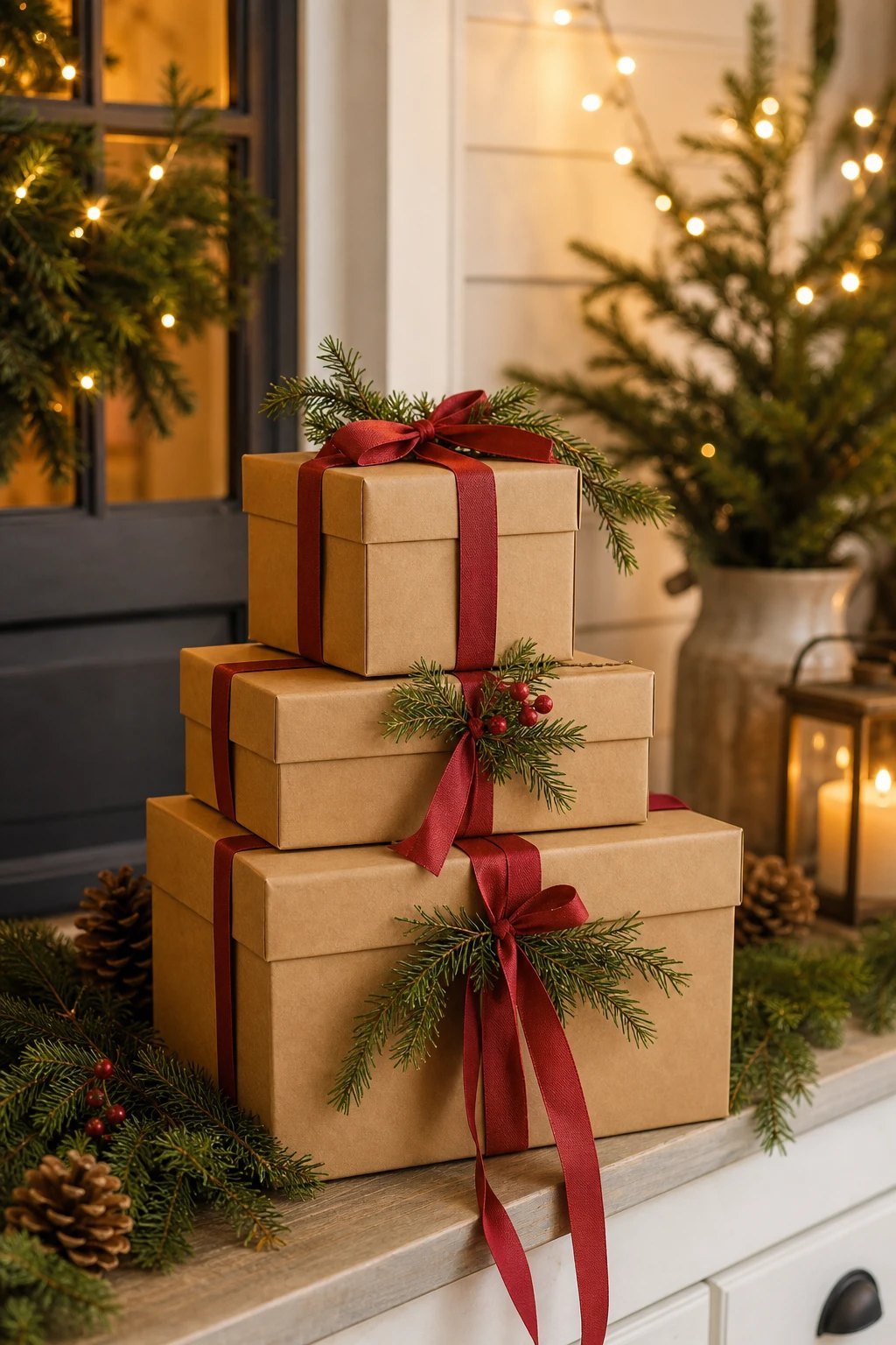 A stack of plain brown kraft gift boxes tied with red ribbon and greenery sprigs