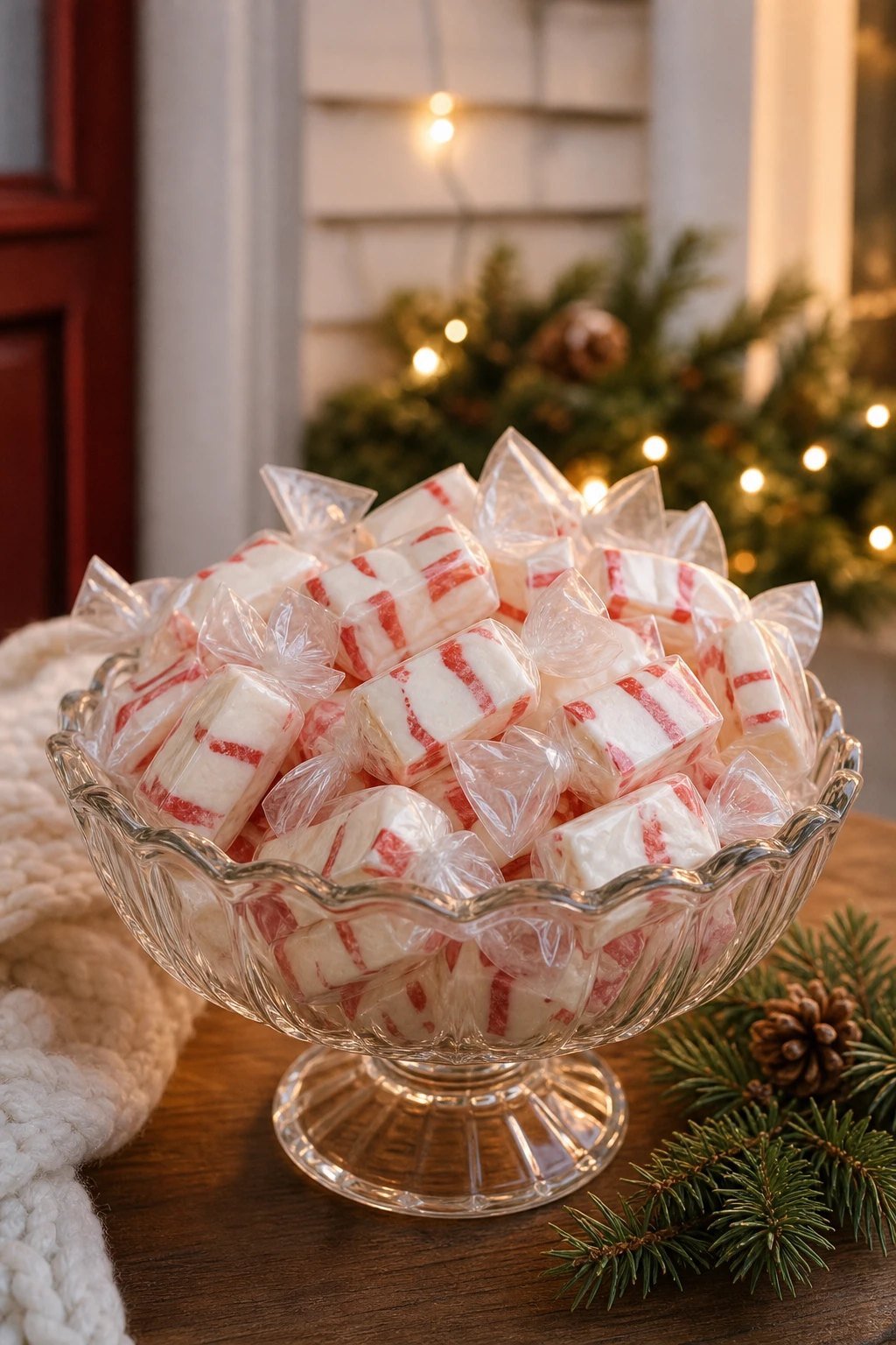 A glass candy dish filled with soft white and red striped peppermint nougat candies in plain wrappers