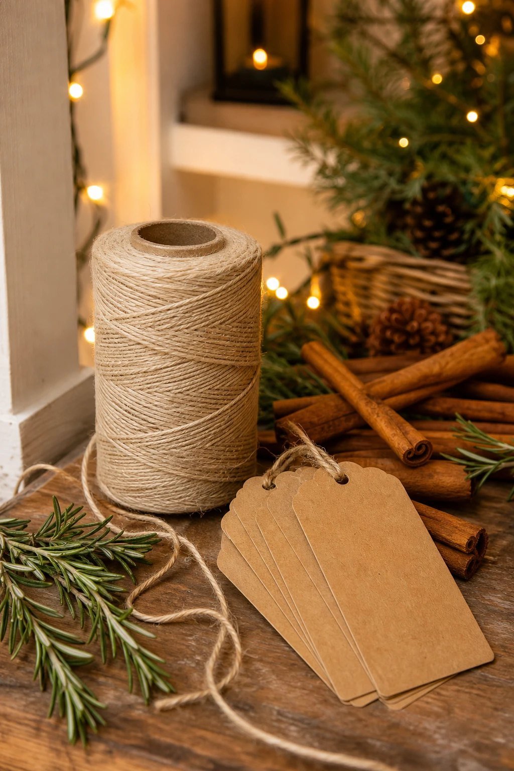 A spool of natural cotton twine beside blank kraft gift tags