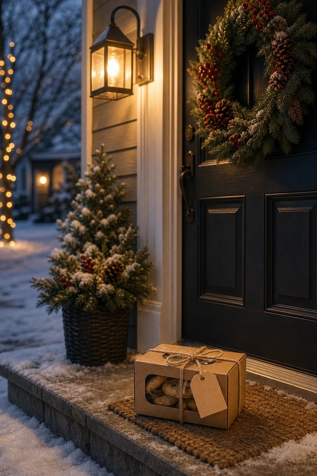 A doorstep with a small wrapped neighbor gift