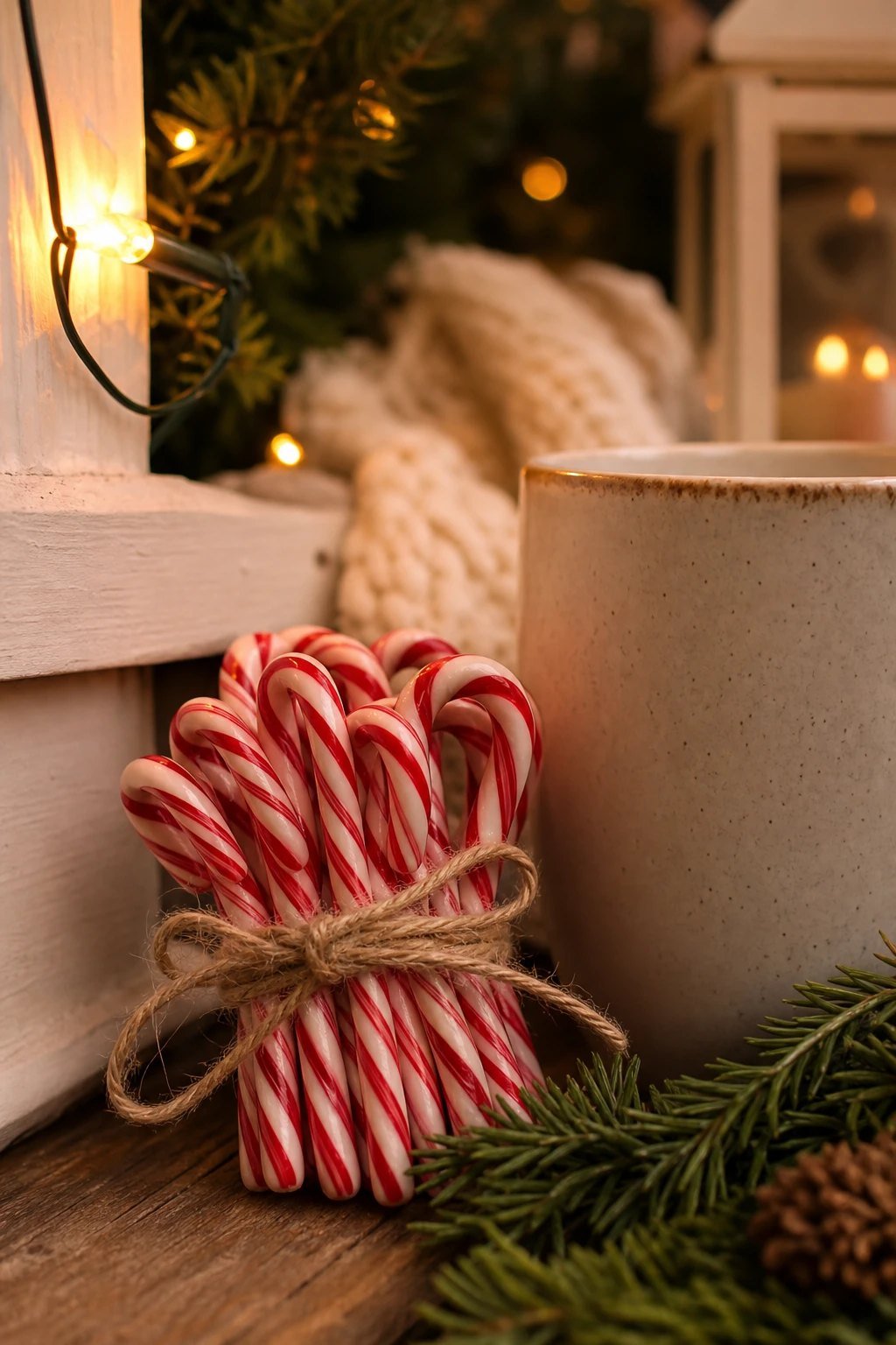 A bundle of mini red and white peppermint candy canes tied with twine beside a mug