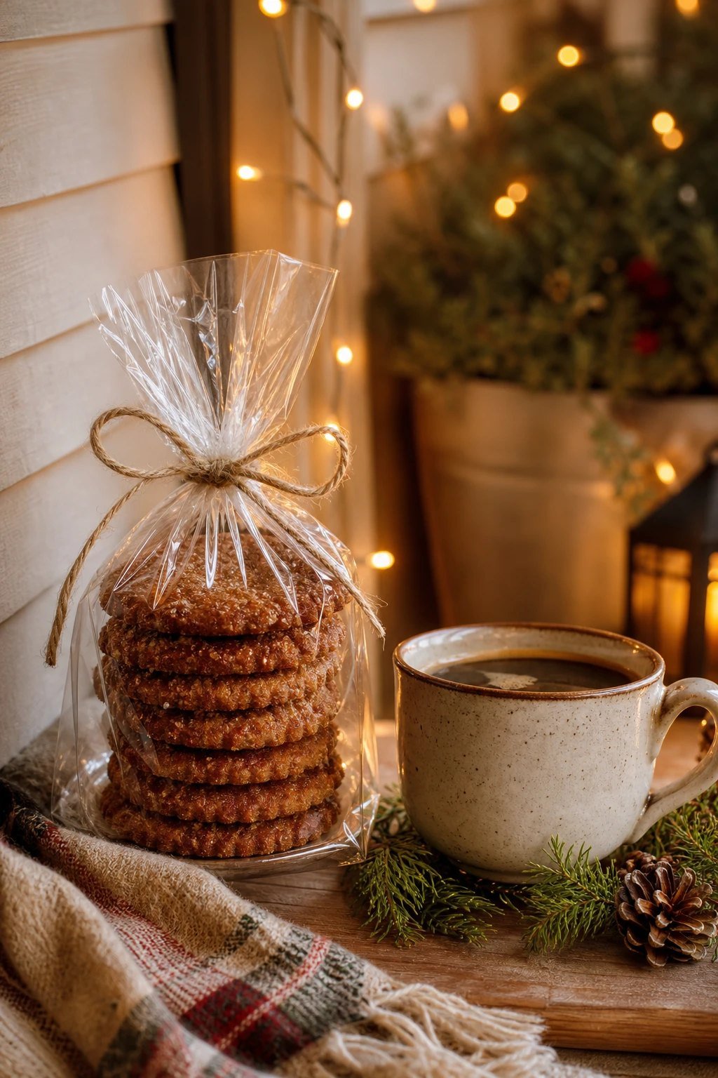 A small stack of caramelized spiced biscuit cookies in a clear cellophane bag tied with a bow beside a cup of coffee