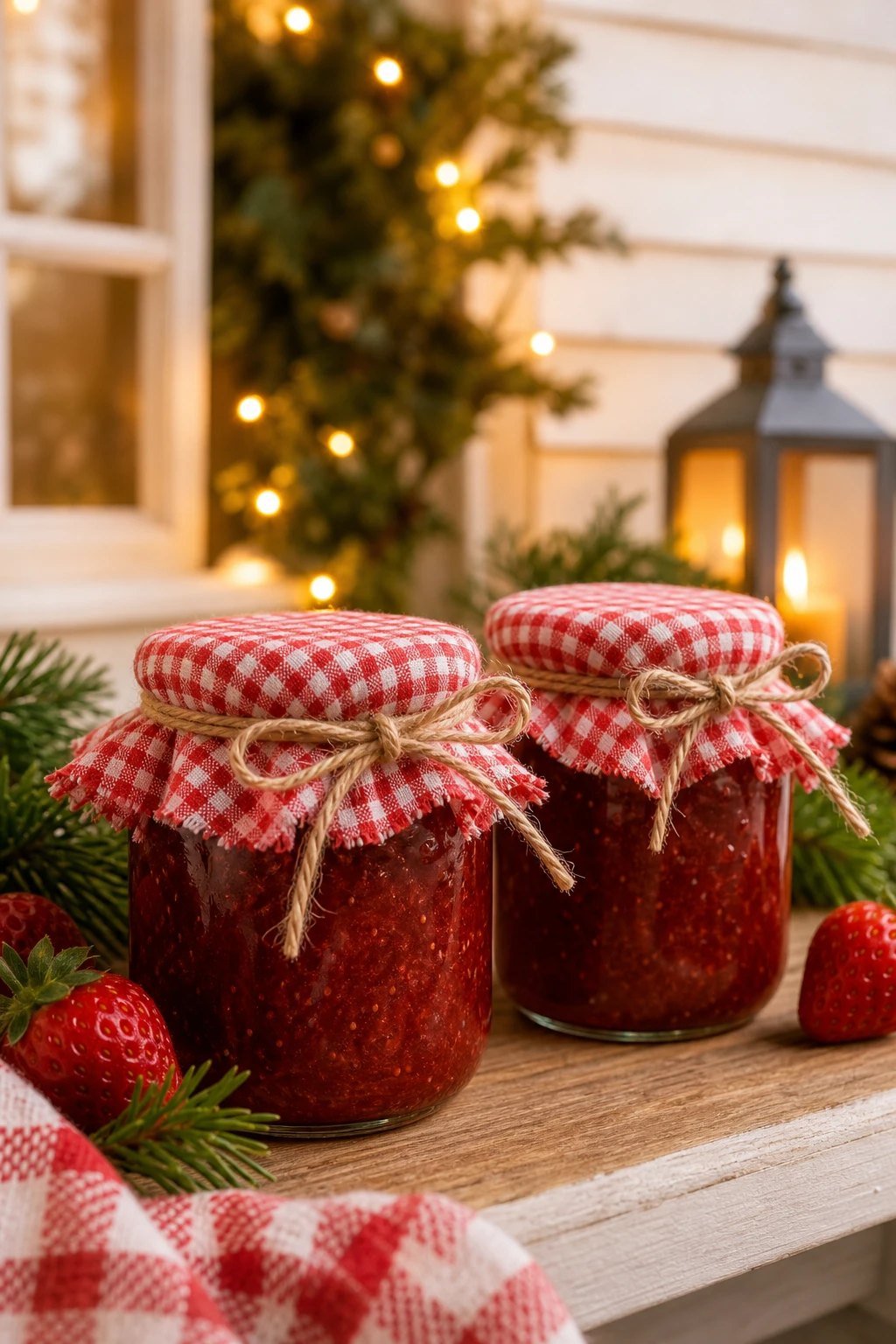 Two small glass jars of strawberry jam with red gingham fabric lids and twine bows