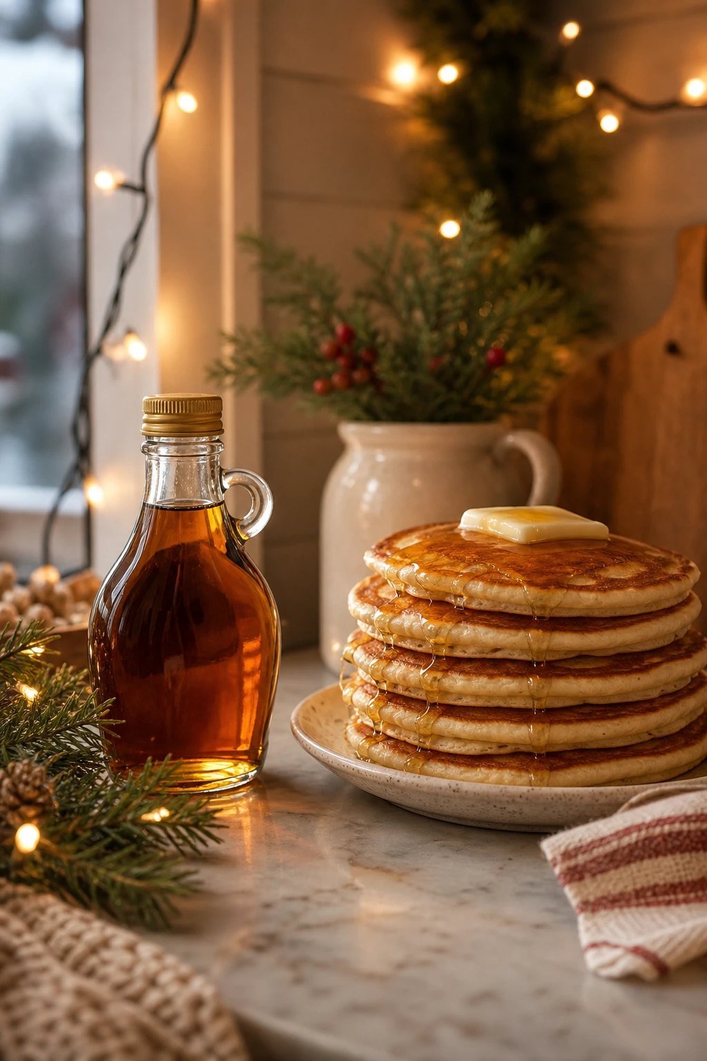 A small glass bottle of amber maple syrup beside a stack of pancakes on a kitchen counter