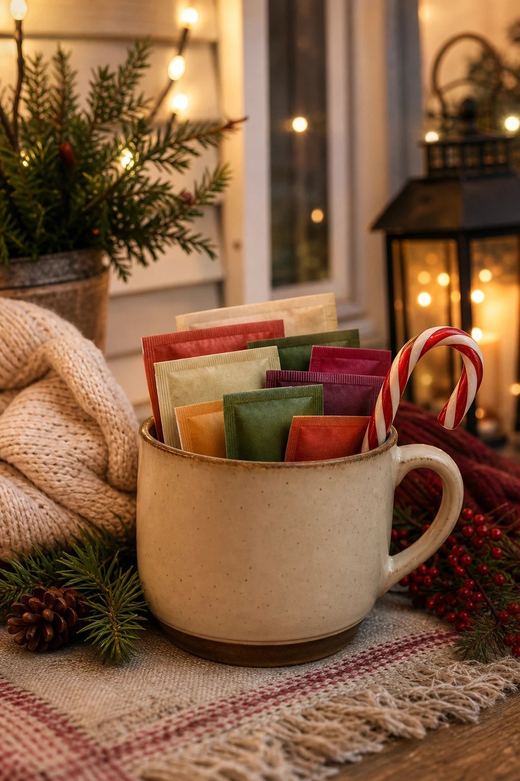 A small gift bundle of assorted tea bags in a mug with a candy cane on a cozy table
