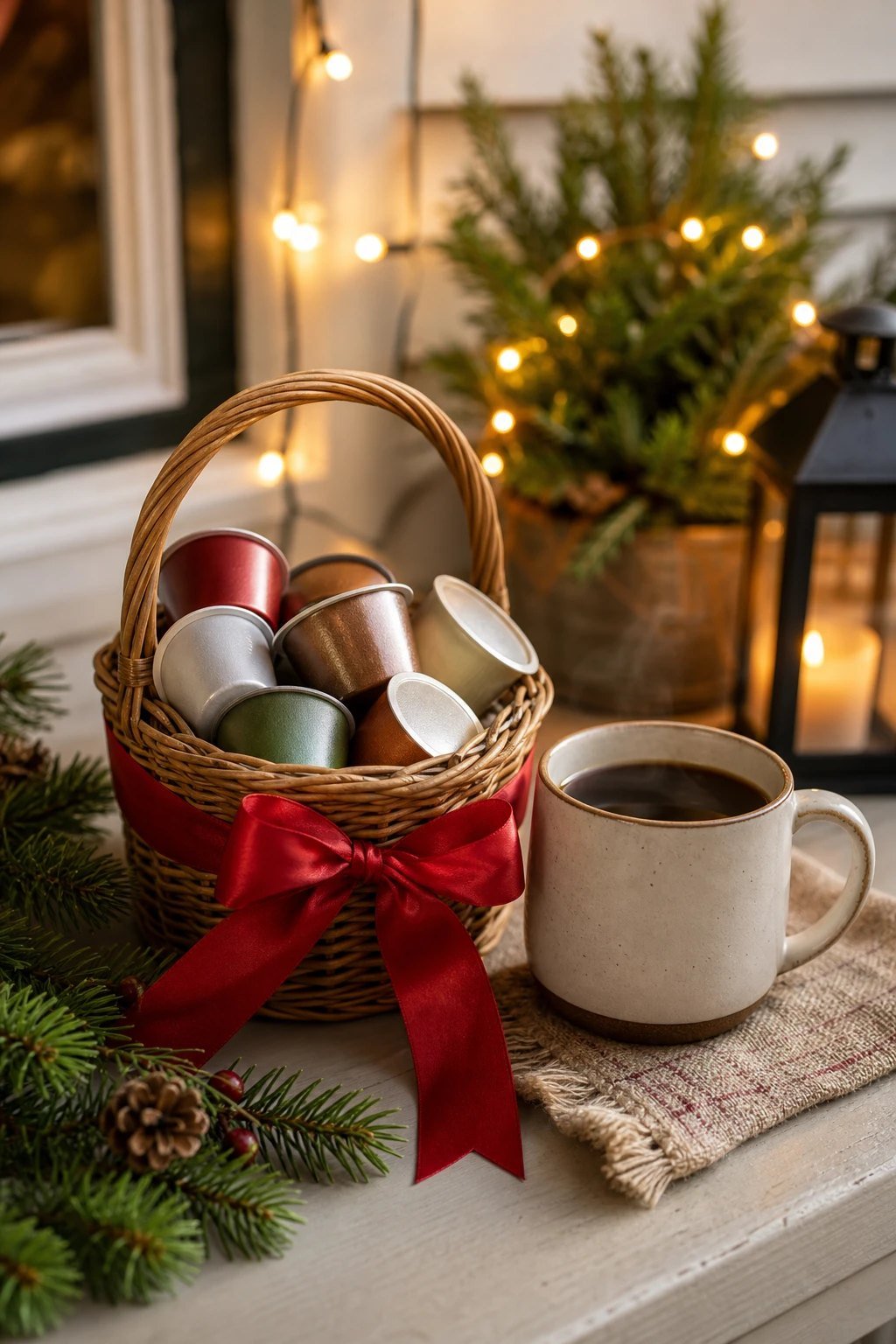 A small basket of coffee pods tied with a red ribbon beside a coffee mug