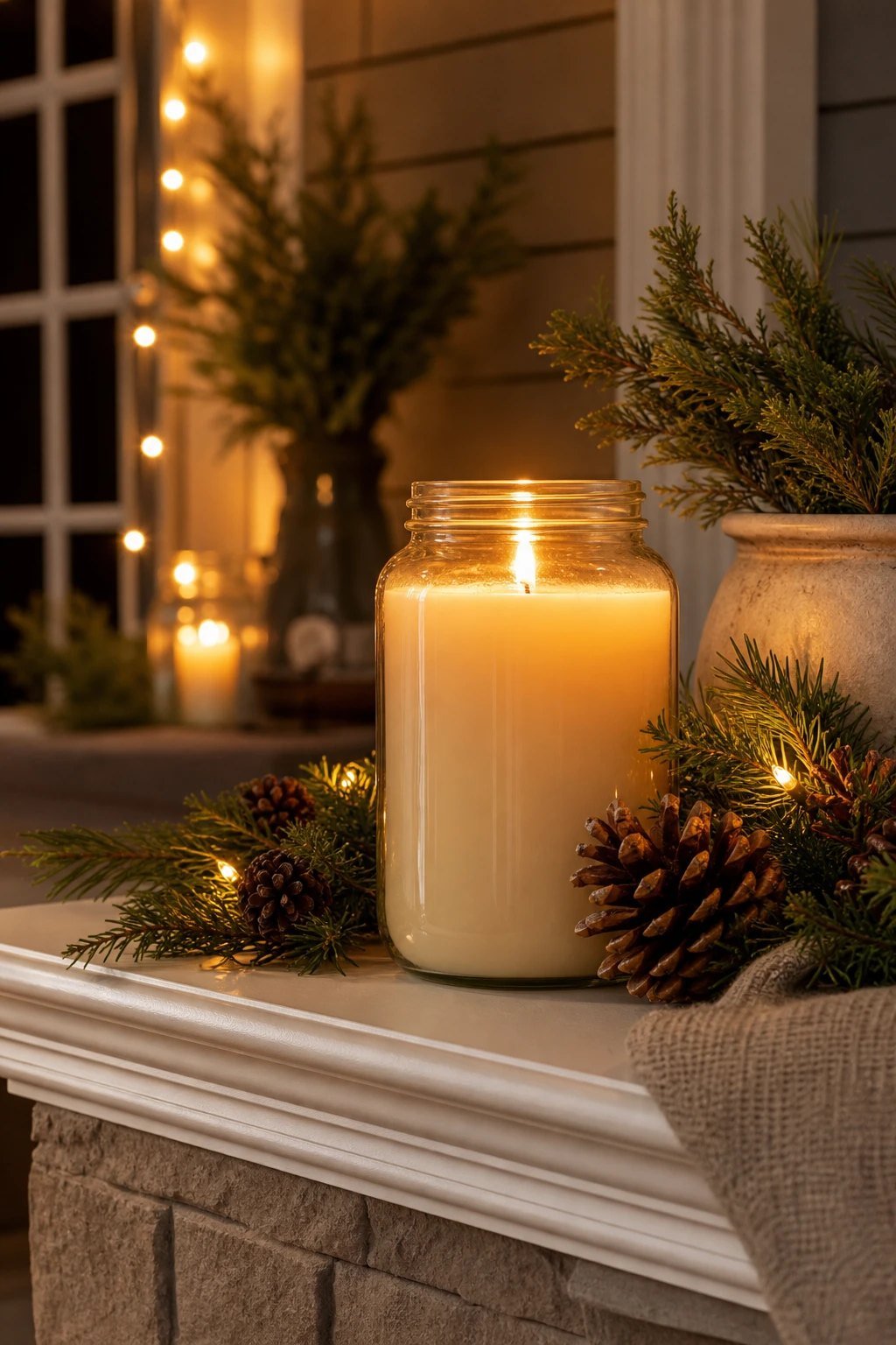 A large glass jar candle glowing on a mantel beside pine branches and pinecones