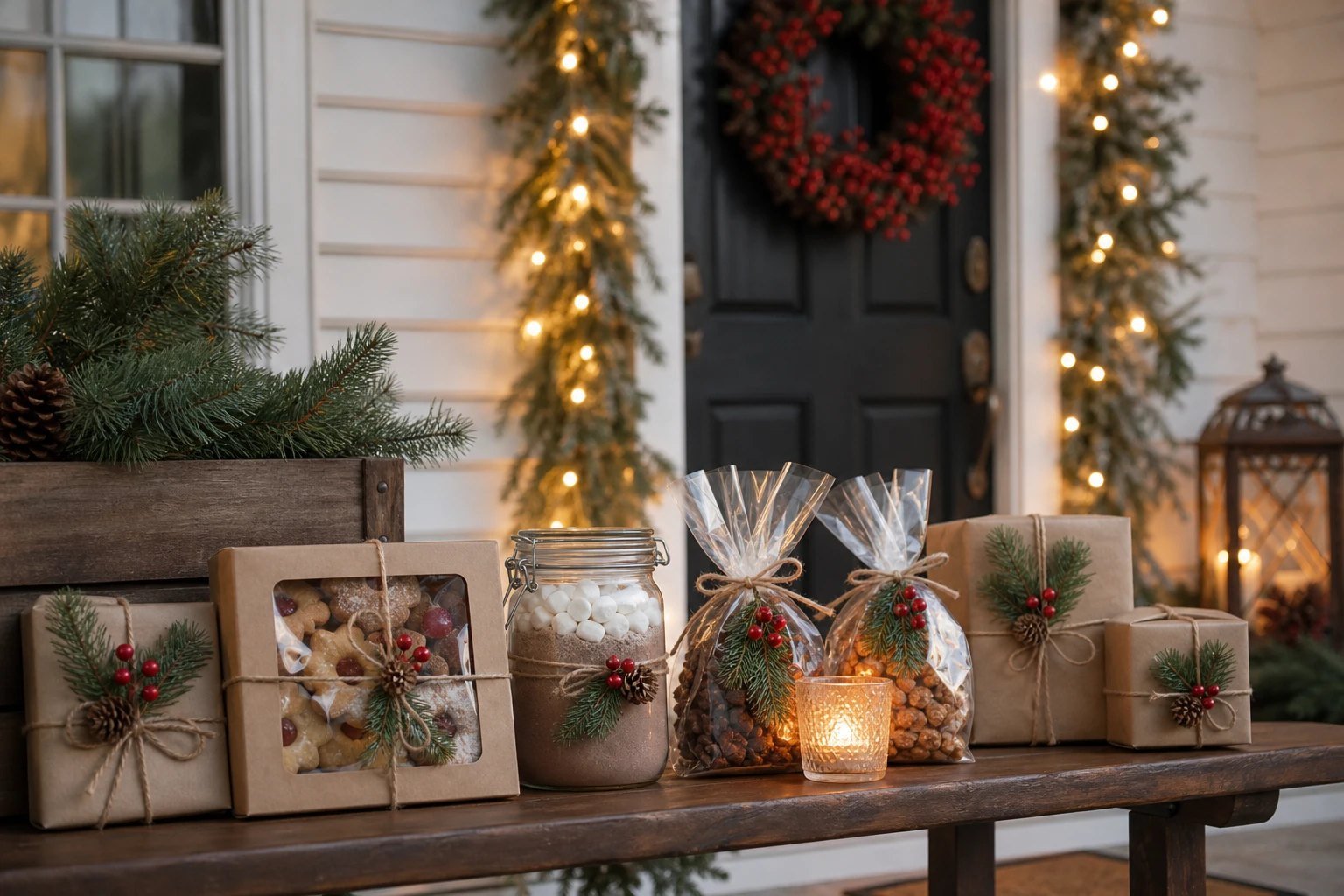 Premium editorial photograph of a row of small wrapped neighbor Christmas gifts on a festive front porch bench