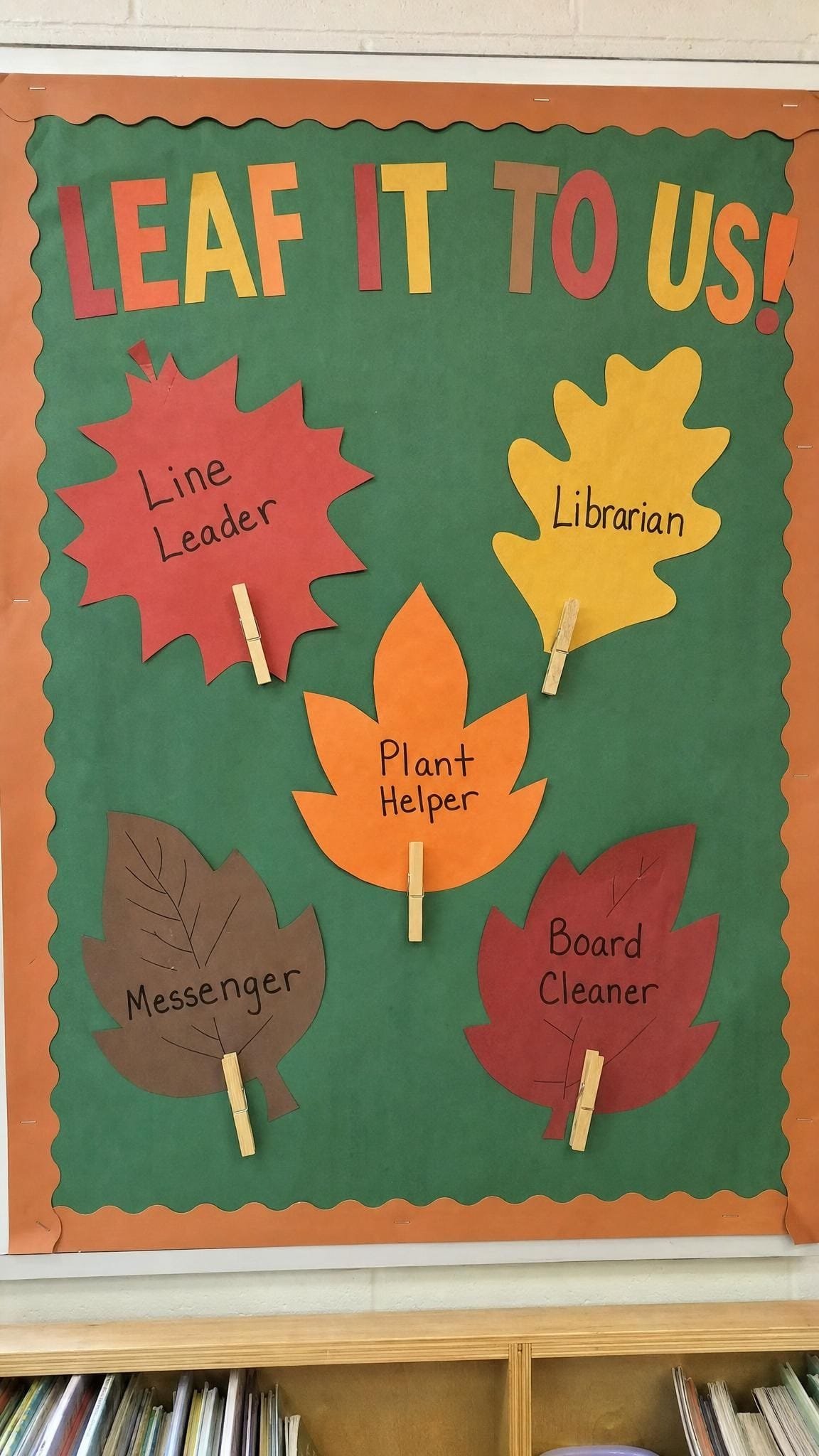 Classroom job chart bulletin board made from paper leaves with clothespins