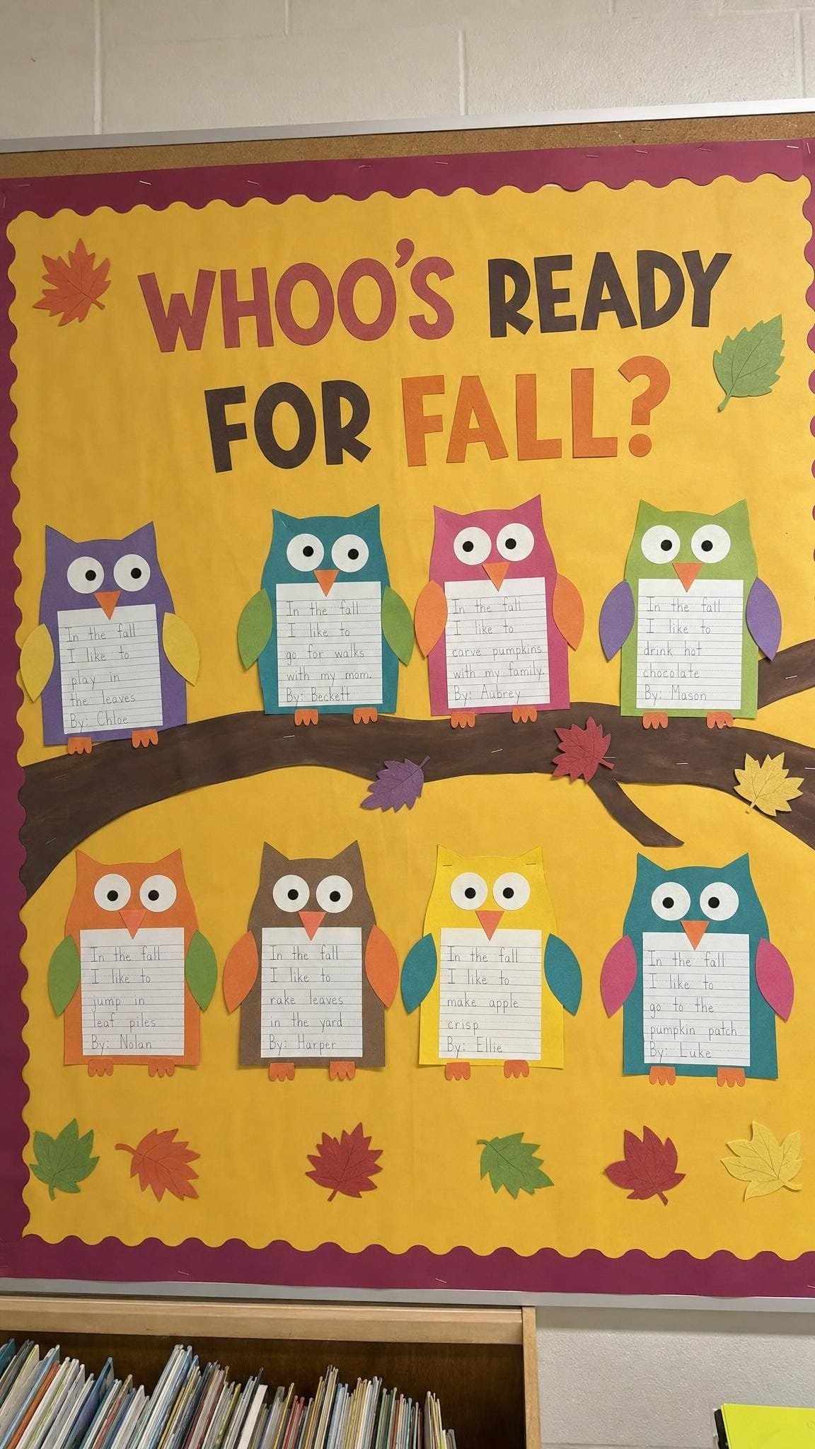Bulletin board with paper owls on a branch holding children's fall writing