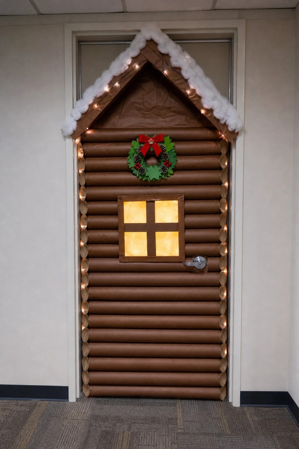 An office door decorated as a log cabin made from cardboard tubes