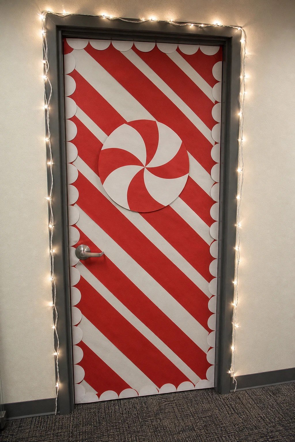 An office door with red and white candy cane stripes and a giant peppermint