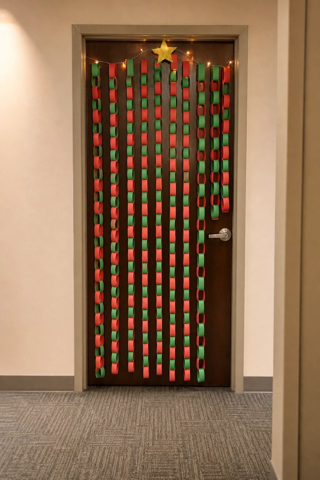 An office door with red and green paper chains hanging from the top