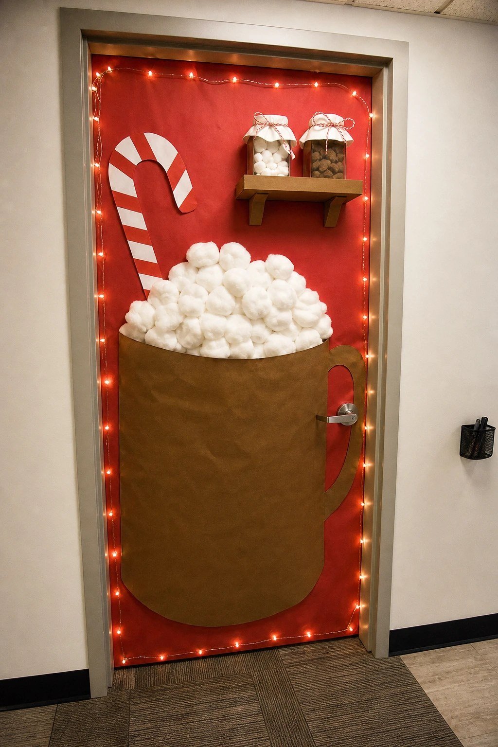 An office door with a 3D hot cocoa mug and cotton marshmallows
