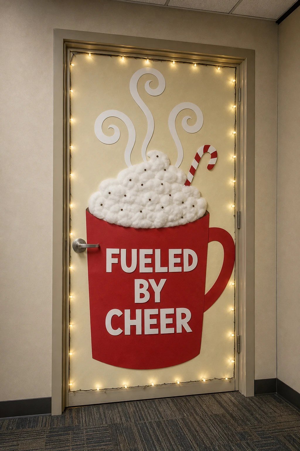 An office door with a giant paper coffee mug topped with cotton whipped cream