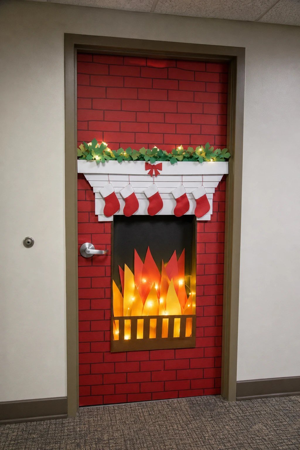 An office door decorated as a paper brick fireplace with stockings