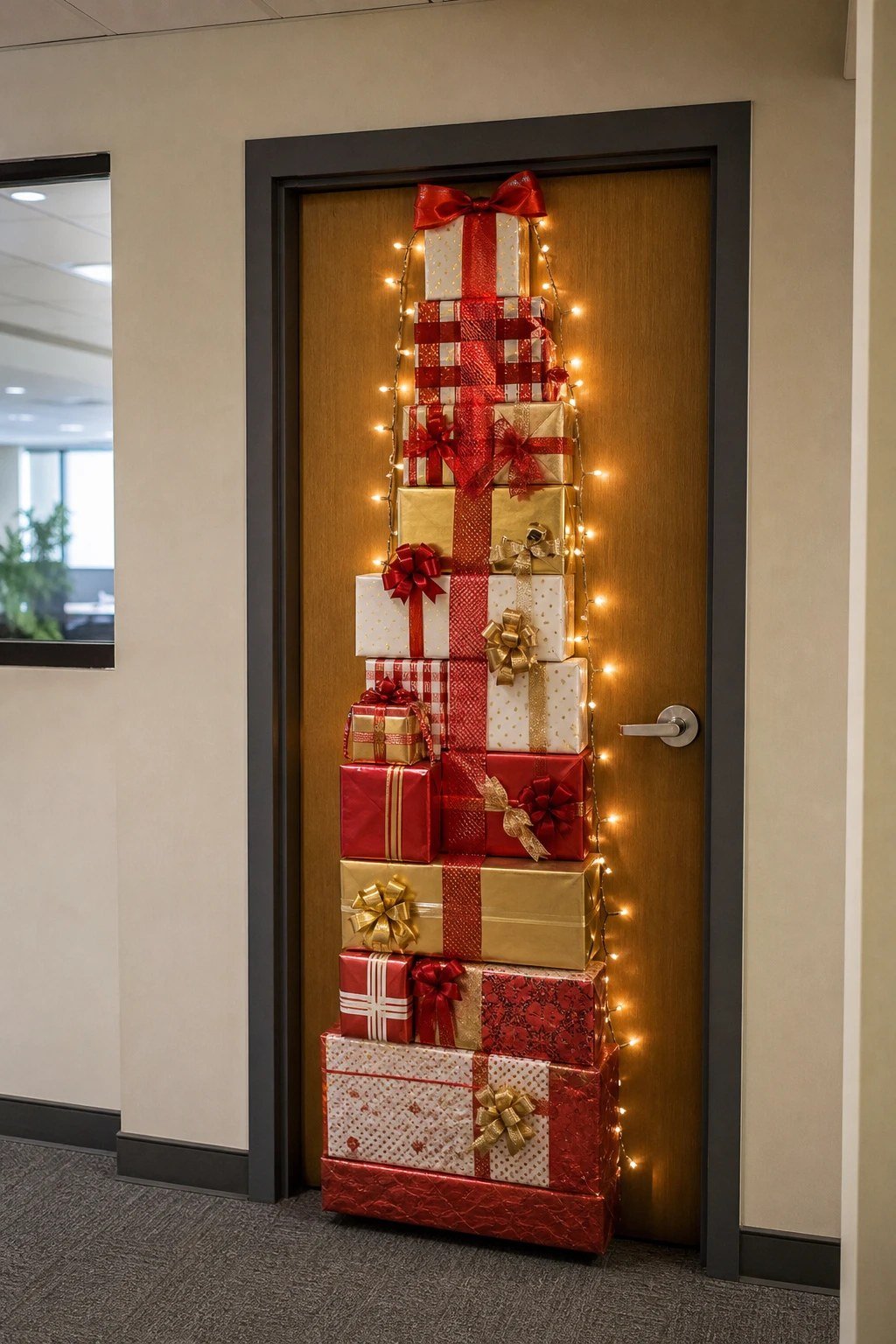 An office door with a 3D tower of wrapped gift boxes