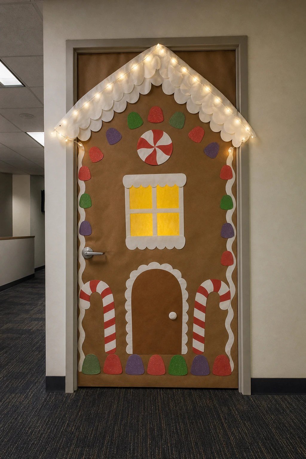 An office door decorated as a gingerbread house with paper icing and candies